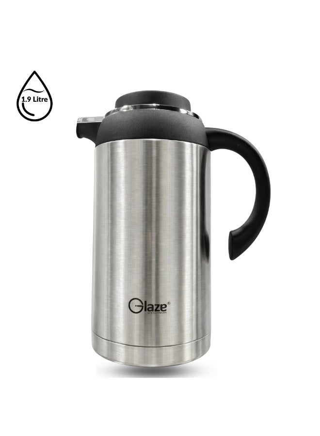 جليز ترمس من الفولاذ المقاوم للصدأ سعة 1.9 لتر، غطاء بزر ضغط، مقبض قوي وقاعدة مانعة للانزلاق، يحافظ على المشروبات ساخنة وباردة، فضي اللون - Image 1